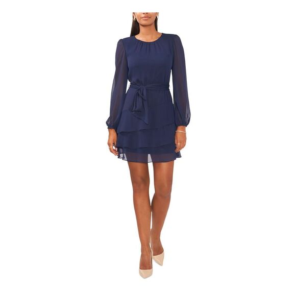 MSK PETITES Womens Navy Belted Lined Back Nec Pouf Sleeve Mini Dress Petites PXL - Picture 1 of 4